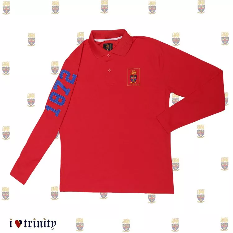 Men's long sleeve T shirt with TCK crest embroidery-Red_ILT_ILoveTrinity